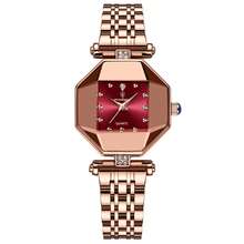 POEDAGAR 1pc Women's Hexagonal Ruby Waterproof Luminous Rhinestone Scale Rose Gold Stainless Steel Strap Fashion Quartz Watch, Valentine's Day Gift - Red - View 9