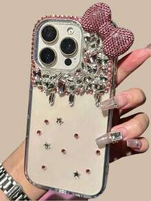 Luxury High-End 3D Rhinestone Bow & Raindrop Phone Case Compatible With IPhone 17 Pro Max, 17 Pro, 17, 16 Pro Max, 16 Pro, 16, 15 Pro Max, 14 Pro Max, 13 Pro Max, 12, 11, New Sparkling Glamorous Women's Phone Case - Pink - View 1
