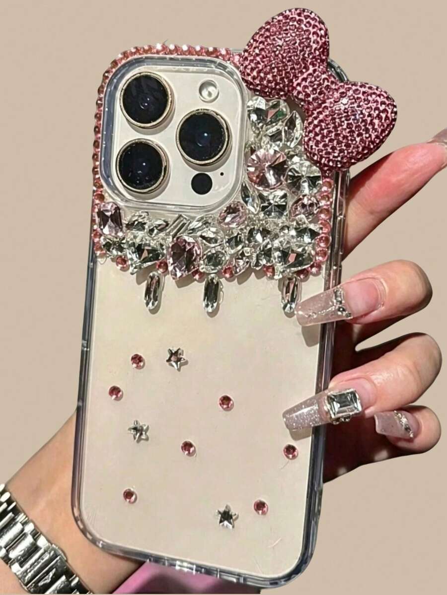 Luxury High-End 3D Rhinestone Bow & Raindrop Phone Case Compatible With IPhone 17 Pro Max, 17 Pro, 17, 16 Pro Max, 16 Pro, 16, 15 Pro Max, 14 Pro Max, 13 Pro Max, 12, 11, New Sparkling Glamorous Women's Phone Case - Pink - View 1