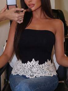 2026 Summer New Women's Elegant Knit Top, Solid Color Bandeau With Lace Patchwork Black - Black - View 6