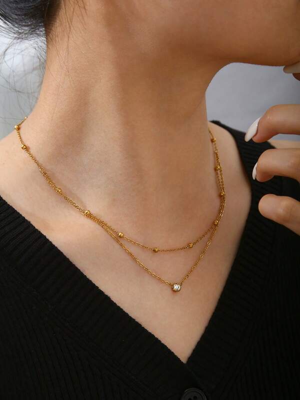 TONSI 1 sợi dây chuyền layer mặt đá zirconia đơn hạt tròn mạ vàng 18K thép không gỉ phong cách tối giản Ins thời trang Âu Mỹ cao cấp, không phai màu, đa năng, dây chuyền xương quai xanh hạt kim cương đơn, phù hợp làm phụ kiện cho nữ đi làm hàng ngày, đi chơi, hẹn hò