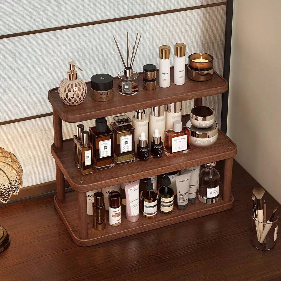3-Tier Bamboo Storage Rack - Freestanding Multi-Functional Organizer For Kitchen, Living Room, Patio And Balcony - Easy To Assemble, Vintage Style Desktop Cosmetic Storage Box, Vanity Organizer, Multi-Layer Skincare, Lipstick And Perfume Display Rack - Walnut - View 1
