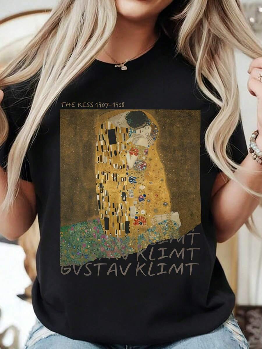 Camiseta de algodón 100% para mujer, de cuello redondo y manga corta, con estampado de Gustav Klimt, "El Beso". - Blanco - Ver 1