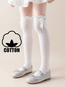 1 Pair Cotton Bow Girls Socks, Cute Children's Mid-Calf Socks, Spring Summer Autumn Girls Ruffle Socks, Princess Socks - White - View 8