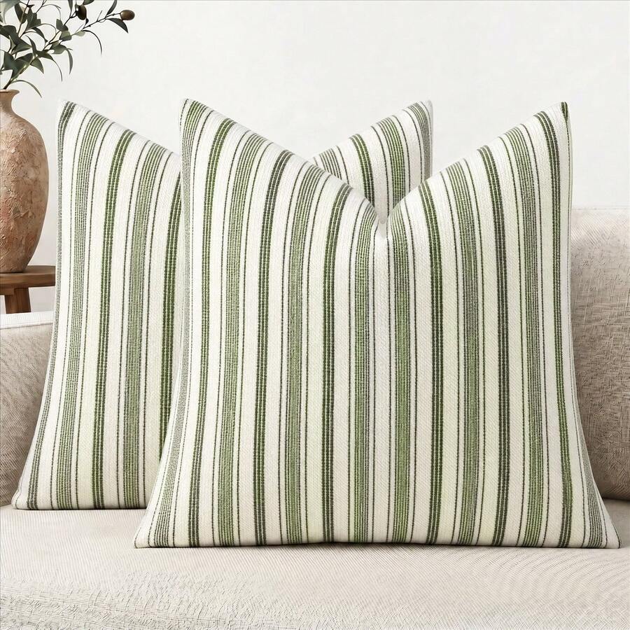 1/2PCS (No Pillow Insert) Chenille Yarn-Dyed Fine Striped Throw Pillow Covers, Modern Farmhouse Style Sofa Cushions, Versatile Home Decor Pillowcases, Bed Headboard Pillows, Green 18X18 Sofa Pads - Green - View 1