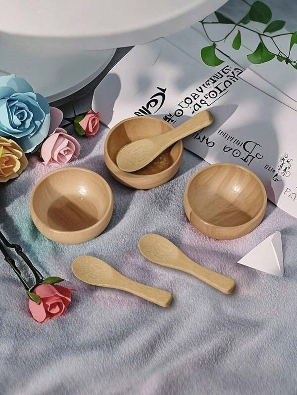 3pcs DIY Skincare Mask Making Tool Set, Includes Mask Mixing Bowl, Scraper, Spoon, Application Brush, Natural Bamboo Material, Texture May Vary Slightly, Essential Supplies For Mask Making Beauty Professionals