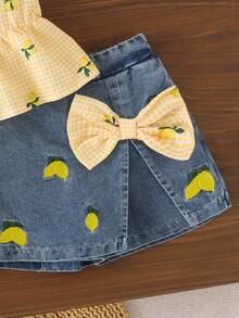 2pcs Young Girls Cute Casual Cherry Camisole Top & Embroidered Denim Skirt Set, Summer Vacation Style - Yellow - View 6