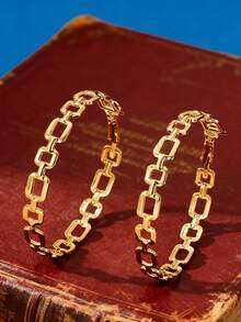 1 Pair Gold Tone Rectangle Chain Link Drop Hoop Earrings, Minimalist Hollow Square Link Dangle Earrings For Women Daily Office. No Box. - Gold - View 2