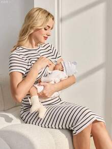 xuehuamaoyi02 GentleRue Maternity Vestido de enfermería casual y cómodo de manga corta para mujer - Blanco y Negro - Ver 4