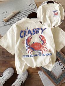 Unisex Plus Size T-Shirt With Anchor And Crab Wave Print On Both Sides, Round Neck, 180g Cotton, Beach Style, Summer Casual - 杏色 - 查看 1
