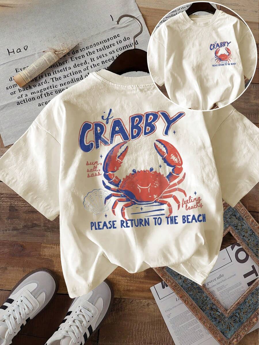 Unisex Plus Size T-Shirt With Anchor And Crab Wave Print On Both Sides, Round Neck, 180g Cotton, Beach Style, Summer Casual - 杏色 - 查看 1