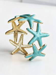 Women's Starfish Stainless Steel Gold Open Adjustable Size Bracelet, Colorful Enamel Starfish Design, Unique Ocean Theme, Lightweight Bold Personalized Wrist Accessory, Gift, Clothing Matching, Stackable - Starfish - View 6