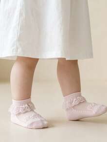 1雙女童幼兒薄款冰絲透氣玻璃纖維棉短襪 嬰兒襪 - 粉色 - 查看 3