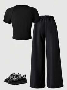 Teen Girl Numeric Print Short Sleeve T-Shirt And Pants Set - Black - View 3