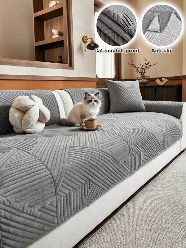1pc Ultrasonic Solid Color Geometric Stripe Sofa Cushion, Non-Slip, Dirt-Resistant, Pet-Friendly, Machine Washable, All-Season Sofa Protector