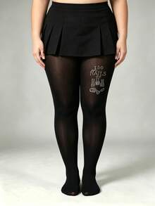1 Pair Plus Size Black Transparent Stockings, Nail Art Rhinestone Pattern, Sexy & Shiny, High Elasticity - Black Rhinestone Nail Art - View 1