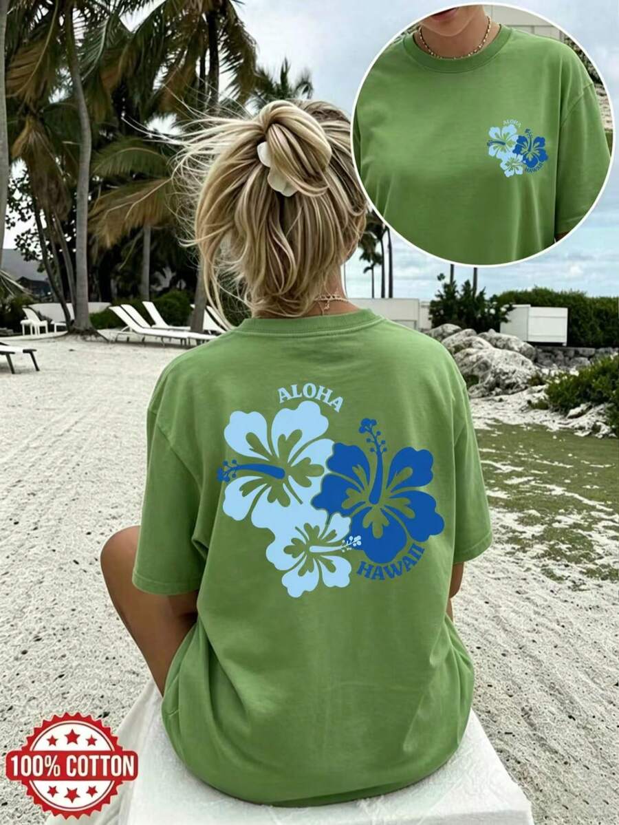 2026 New Summer 100% Cotton Oversized Drop-Shoulder Tee, Double-Sided Hibiscus ALOHA HAWAII Print, Women's Casual Short-Sleeve Round-Neck Top, S-7XL - 綠色 - 查看 1
