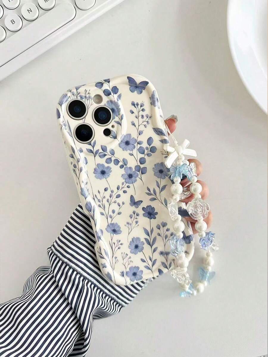 1 Piece Of Fashionable Phone Case. Does Not Include Lanyard Or Stand. Blue Floral Novelty Cream Flower Textured Wavy Floral Painted Edge Anti-Drop Phone Case With Bracelet Accessory, Compatible With IPhone 17 Pro/17 Air/17/17 Pro Max/16/11/16 Pro/16 Plus/16 Pro Max/16e/15 Pro Max/13/14/12/XS/XR/7G/8P, Galaxy S25/S25 Plus/S25 Ultra/A16/A36/A26/A56/A50/A12/A32/A52/A72/A51/A21S/A13/A14/S24/S24 Plus/S24 Ultra, S22/A52/A53/A54/A55/S23, 11/12 Pro/12/12X/13 Pro/14 Pro/15 Pro, 10/9/Note 9/12c/Note 11 Pro/Note 8 Pro Spring - 多色 6 - 查看 1