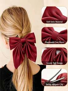1/2pcs Red & White Color Block Knot Swallowtail Alligator Hair Clip, Girls Daily Casual Sports Half-Up Hair Styling Accessory - Multicolor - View 2