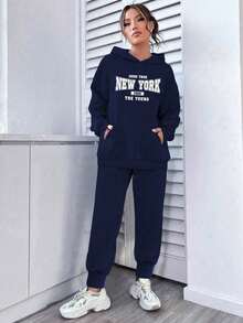 Youth Girl Letter Print Warm Hoodie And Pants - Royal Blue - View 3