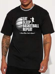 Basketball-Lifestyle-Slogan-Grafikdruck Amerikanisches Trendmarken-Design Graffiti-Buchstabendruck Kurzarm-T-Shirt Unisex High-Street-Paar-Outfit-Oberteil - Schwarz - Übersicht 1