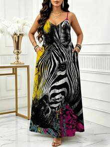 Plus Size Women'S Zebra Print Maxi Dress With Pockets Summer Casual And Sporty Outfit - 彩色 - 查看 2
