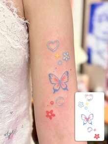 1 Pc Soft Pastel Gradient Butterfly & Heart Tattoo, Waterproof Kawaii Tiny Floral Sticker, Y2K Aesthetic Daily Wrist Body Decor For Girls - Black - View 1