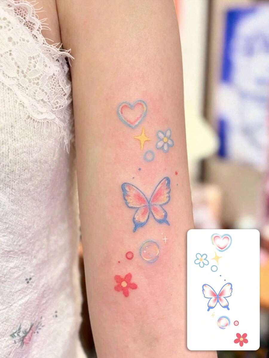 1 Pc Soft Pastel Gradient Butterfly & Heart Tattoo, Waterproof Kawaii Tiny Floral Sticker, Y2K Aesthetic Daily Wrist Body Decor For Girls - Black - View 1