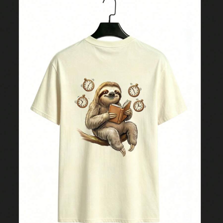 Pure Cotton T-Shirts, Men's T-Shirts, Women's T-Shirts, Printed T-Shirts, Short-Sleeved T-Shirts, Modern And Casual, With A Sloth Print. - 杏色 - 查看 1