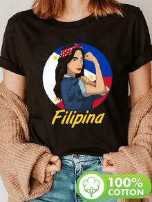 Camiseta con estampado de la bandera de Filipinas, manga corta y cuello redondo, top casual para verano y primavera, ropa de mujer - Negro - Ver 1