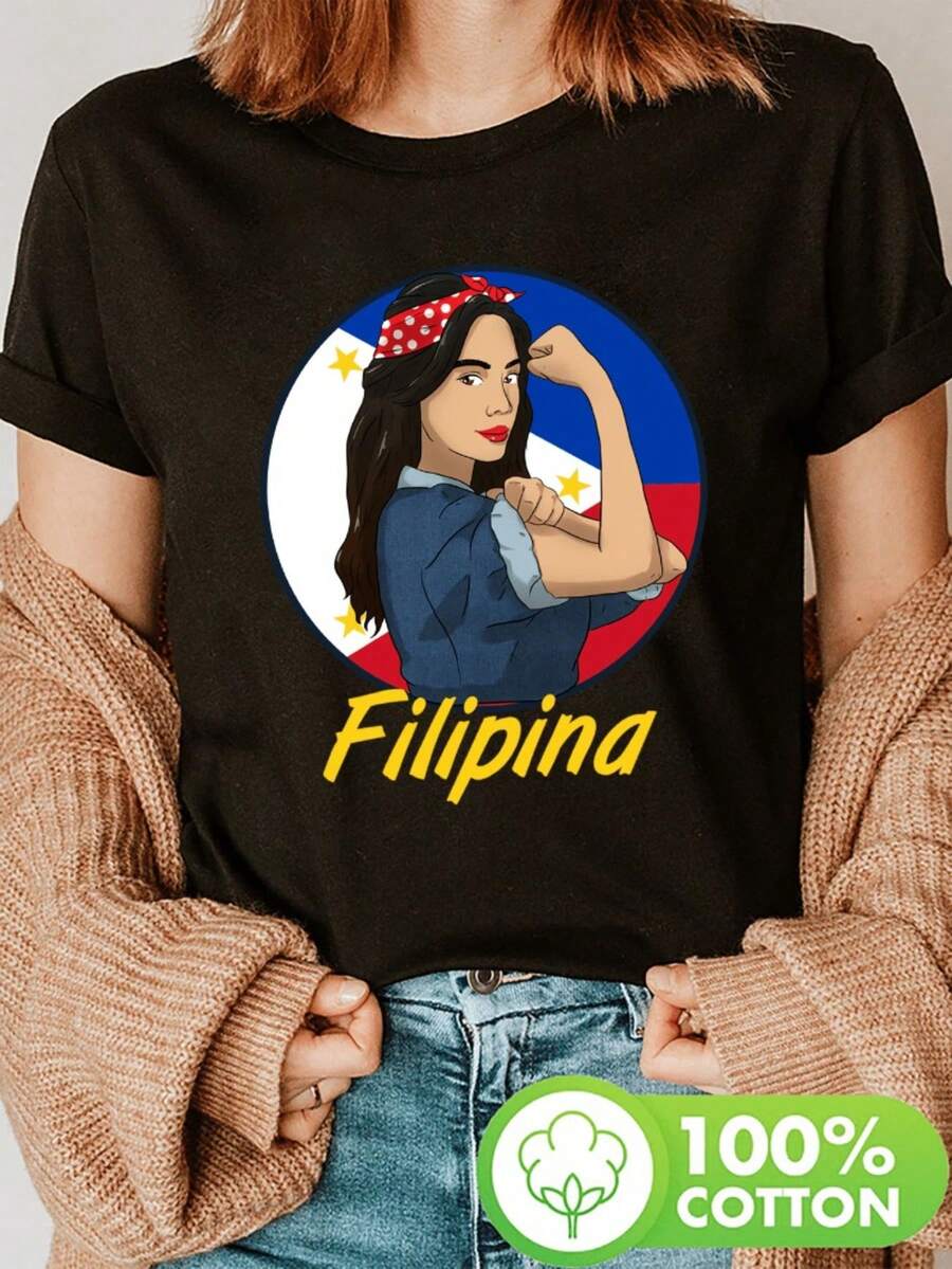 Camiseta con estampado de la bandera de Filipinas, manga corta y cuello redondo, top casual para verano y primavera, ropa de mujer - Negro - Ver 1