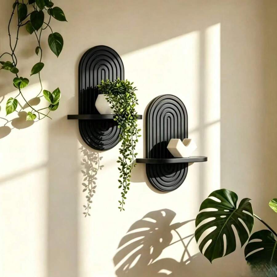 Bohemian Style Arched Floating Shelf, Wooden Wall Decor Storage Rack, Suitable For Potted Plants, Wall Flower Rack, Suitable For Bedroom, Living Room, Kitchen Wall Decoration - Multicolor - View 1