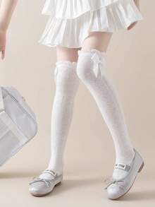 1 Pair Cotton Bow Girls Socks, Cute Children's Mid-Calf Socks, Spring Summer Autumn Girls Ruffle Socks, Princess Socks - White - View 3