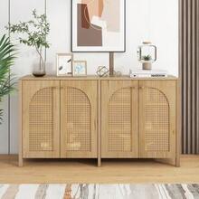 Modern Minimalist Sideboard With 4 Rattan Doors And Metal Handles; Simple Storage Unit For Dining Room, Living Room Or Kitchen (White) - 自然色 - 查看 4