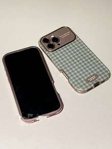 極簡 Ins 風格格紋情侶手機殼，適用於 Apple 17 Pro Max、16 Pro、13、14 Pro、15 Pro，小眾全包覆皮革防震軟殼 - 綠色 - 查看 3