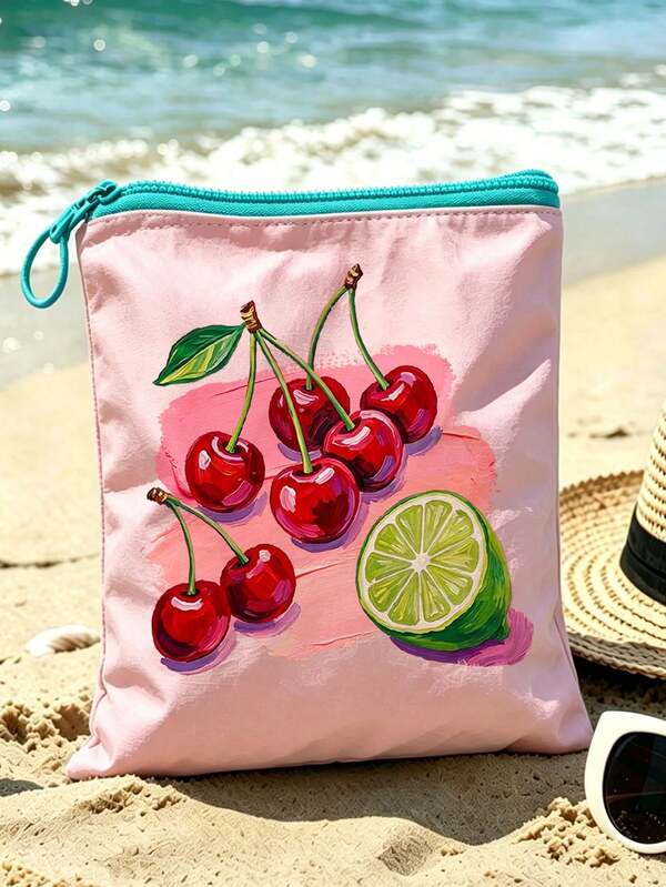 New Summer Cherry Lemon Fruit Pattern Beach Bag | Toiletry Bag | Makeup Bag | Reusable Storage Pouch | Luggage Organizer Bag | Outdoor Leisure Storage Bag | Durable Zipper Design | Suitable For Storing Swimwear, Travel Supplies, Beach And Pool Gear, Dirty Laundry And Yoga Sports Clothes | Dorm And College Student Essential | Home Life Essential | Perfect Gift For Friends, Family And Loved Ones | Travel Essential