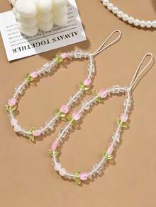 1 Set Pink And White Hyacinth Beaded Phone Charm, Handmade Floral Lanyard, Creative DIY CCD Camera Crystal Strap Backpack Charm, Anti-Loss Accessory, Suitable As Birthday Or Holiday Gift For Mother, Family, Friends, Phone Charm, Phone Chain - Multicolor - View 2