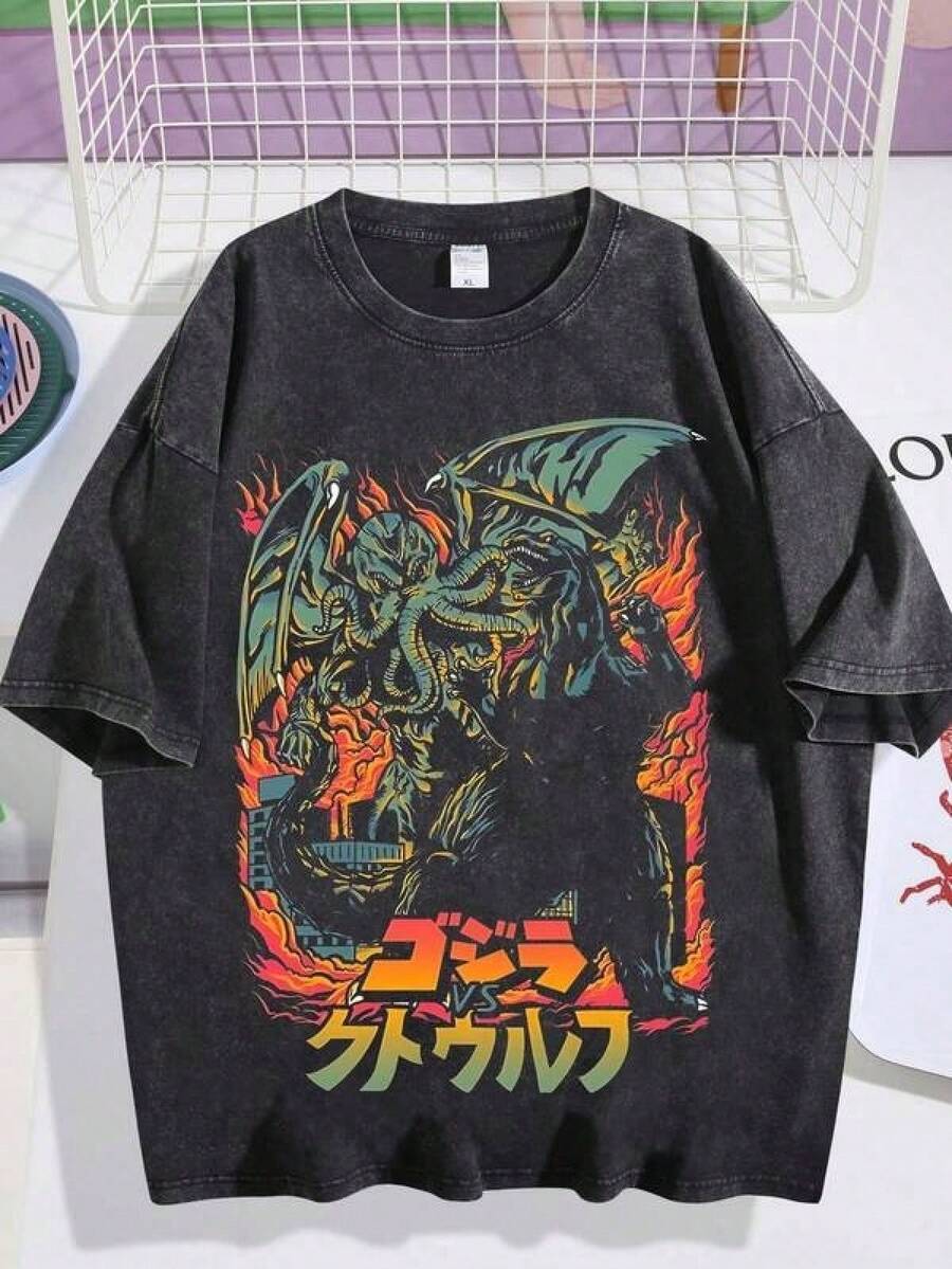 o redondo lavada y desgastada, estampado personalizado de vs Cthulhu con escena de llamas, Top004, Y2K, camiseta oversize para hombre, con camisa, tops de verano, camiseta adecuada. - Negro - Ver 1