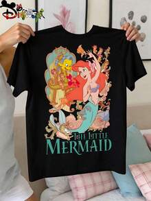 Disney Mermaid Princess Ariel Double-Sided Print Kids' T-Shirt, Cute Cartoon Casual Tee, Perfect For Daily Wear,  Family Outings And Beach Trips - 黑色 - 查看 4