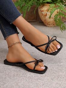 Women's Black Bow Thong Slide Sandals, Square Open Toe Flat Slip-On Gold Letter Print Insole Summer Flip Flop Slippers - Black - View 3