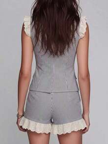 Women's Fashion 2 Pieces Set, Striped Camisole And Flared Lace Trim Shorts Elegant Summer - Apricot - View 3