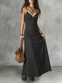 2026 Spring/Summer Women's Valentine's Day Black Base White Polka Dot Spaghetti Strap Maxi Dress With Lace Patchwork Elegant - Black and White - View 4