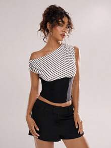 Lucid Women's Striped Off-Shoulder Asymmetric Blouse - Black and White 2 - View 1
