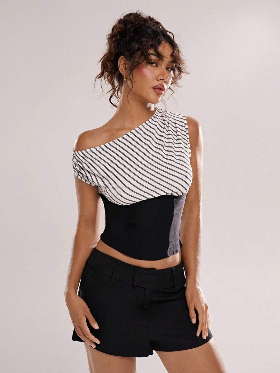 Lucid Women's Striped Off-Shoulder Asymmetric Blouse - Black and White 2 - View 1