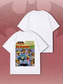 SHEIN X BATMAN Vintage Full Page Comic Bat Duo Figure & Bold Title Print Crew Neck Tee,  Summer Holiday Casual White - White - View 2