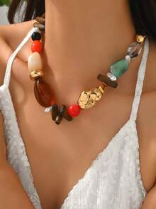 Niche Vintage Mixed Color Asymmetric Agate Resin Wood Bead Bracelet, Pastoral Vacation Style Versatile Necklace Accessory - Multicolor CCB - View 1