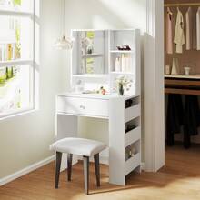 Vanity Table With Mirror, Makeup Desk With Drawer And 3-Tier Side Shelves, White - White - View 3