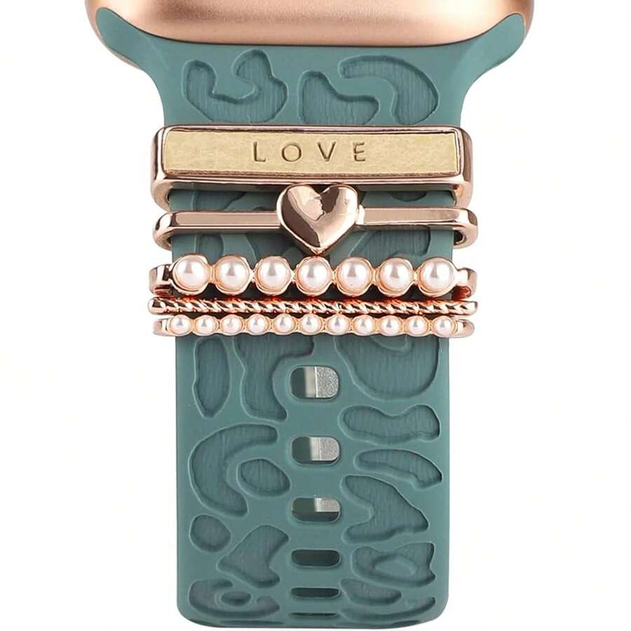 5pcs Watch Band Decorative Rings, Fashionable Personalized Faux Leather Heart, Leopard Print Heart, Leopard Print Five-Pointed Star, Multiple Styles Available, Suitable For Apple Watch Band Decoration, Suitable For Daily Wear - Rose Gold, Gold - View 1