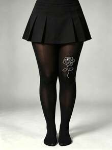 1 par de medias de talla grande negras transparentes con pedrería de rosa, sexy, brillantes, con patrón floral y alta elasticidad - Diamante de imitación rosa negro intenso - Ver 4