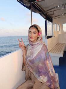 1件女款波希米亞水彩印花頭巾，防曬圍巾，優雅百搭日常穿搭披肩髮帶，圍巾，髮帶，造型理想之選 - 紫粉紅色 - 查看 4